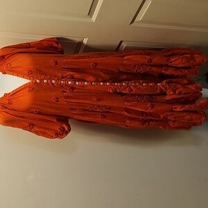 Karyn Seo Embroidered Teired Midi Dress XL Red Orange